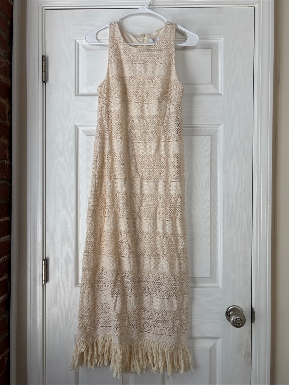 London Times Cream Crochet Fringe Maxi Dress Size 6